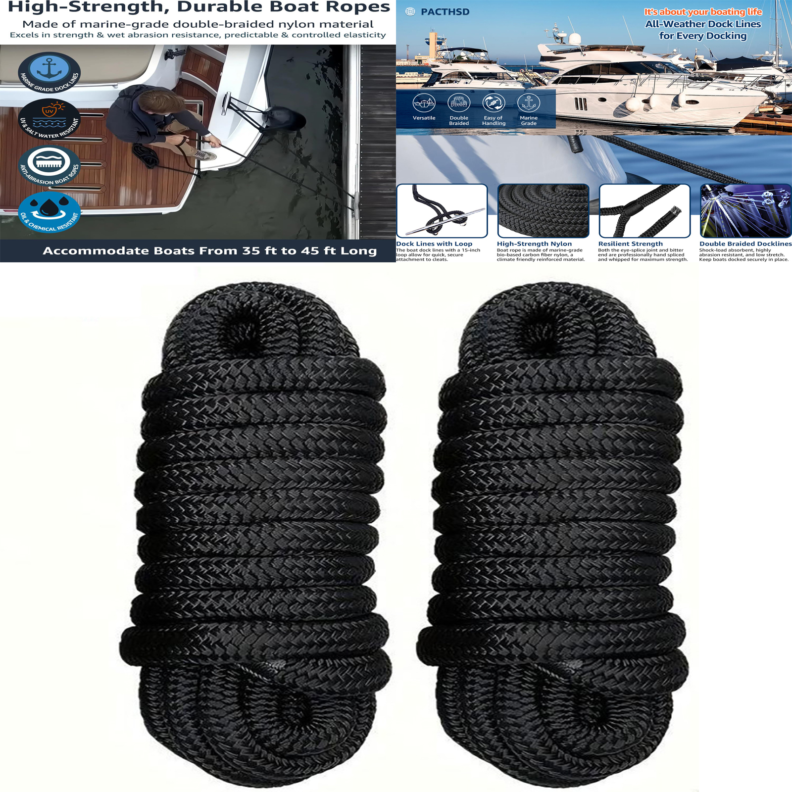 4.6m/15ft Black Boat Dock Line - Fishing Boat Anchor บทวิจารณ์และราคา